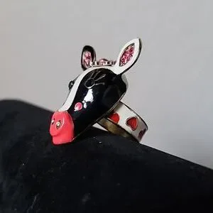 Betsey Johnson Enamel Cow Jewelry Set - Bracelet, Earrings, Necklace, Ring (BNWT, Pink/Gold/White/Black)